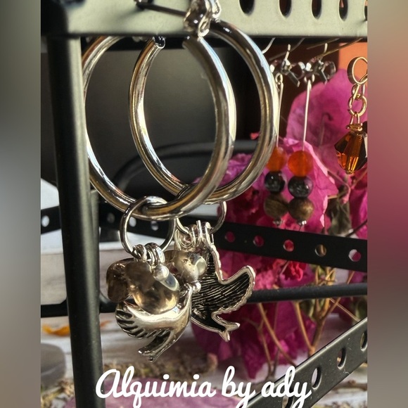 Silver Bird Charm Hoop Earrings Smokey quartz - Picture 1 of 2